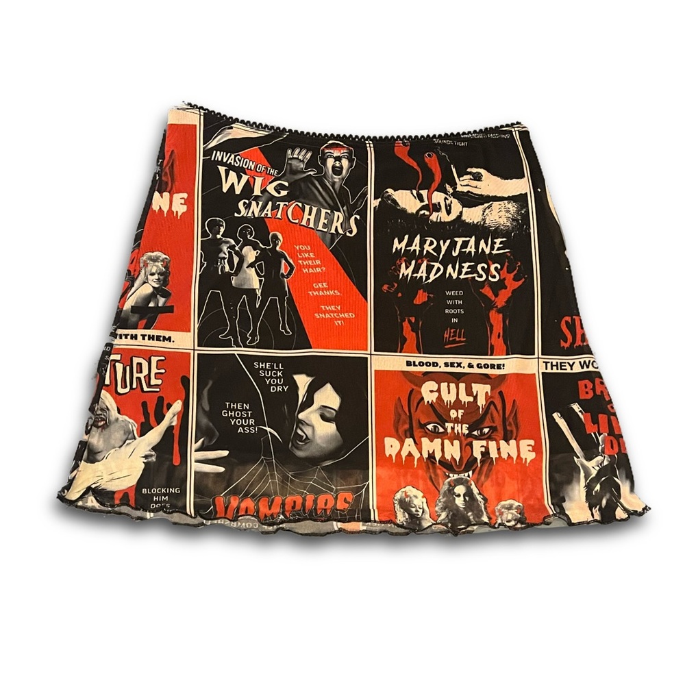 NWT Dolls Kill Trickz N Treatz Goth Red and Black Horror Movie Poster Mesh Skirt